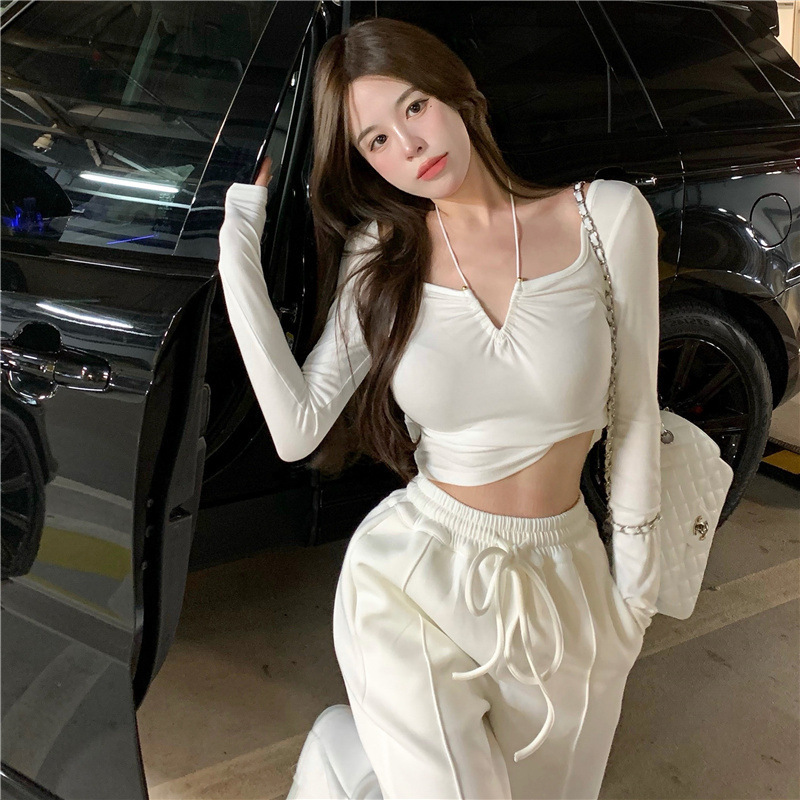 Pure desire style sweet hot girl sexy long-sleeved T-shirt Women's Spring and Autumn new unique chic halter slim-fit short top