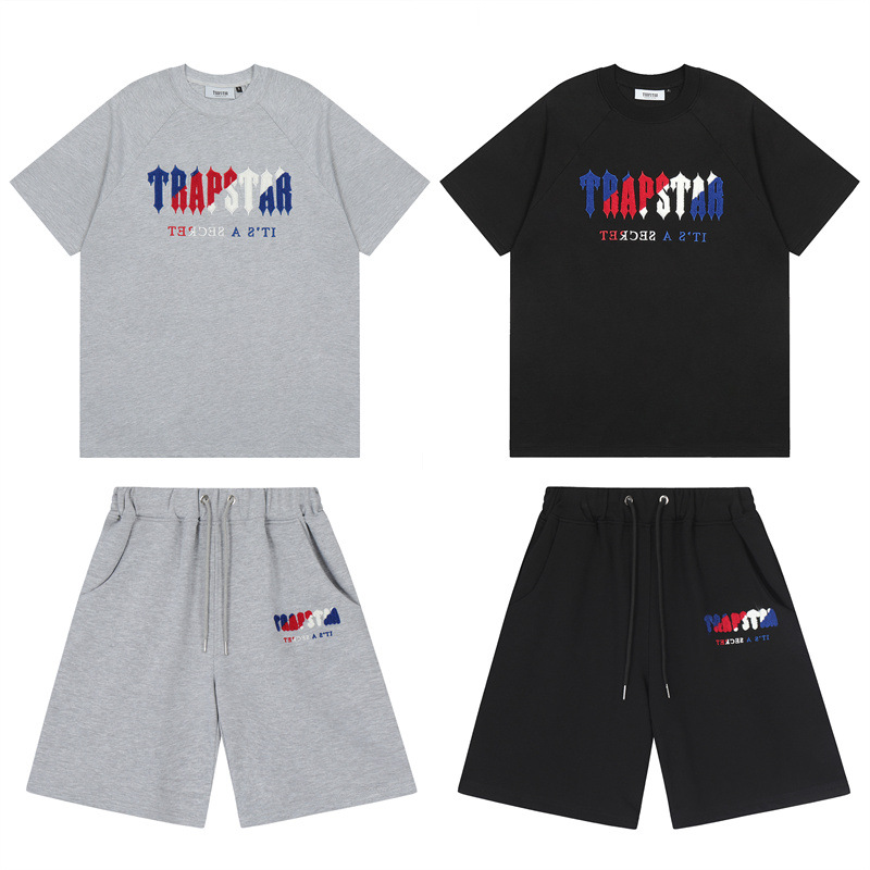 Verano nuevo trapstar Azul Rojo toalla bordado casual suelta traje de manga corta pantalones cortos para hombres y mujeres pareja