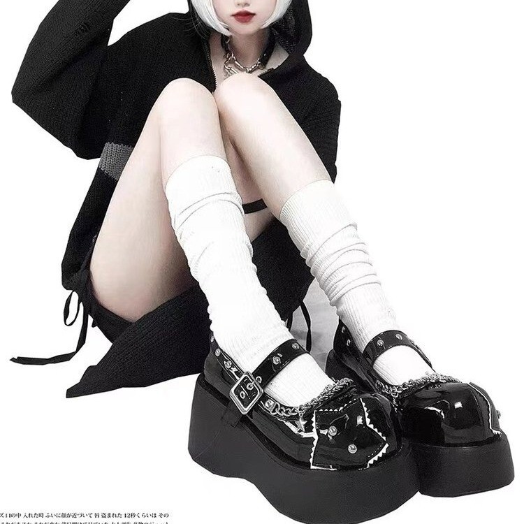 Retro Gothic Style Metal Black Punk Mary Jane Platform Thick-Soled Shoes Cute Japanese Lolita Women's Shoes