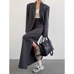 2025春秋季新款废土风垂感垫肩气质西装开叉半身裙套装女