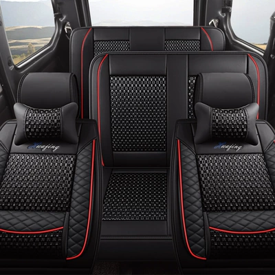 All-Season, Leather and Ice Silk, Universal seat cover - 7-seater-ice-silk-black-and-red-conjoined-in-the-middle-row-604015