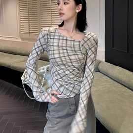 白枕鹤法式格纹网纱长袖恤女夏薄款修身设计感小众防晒罩衫