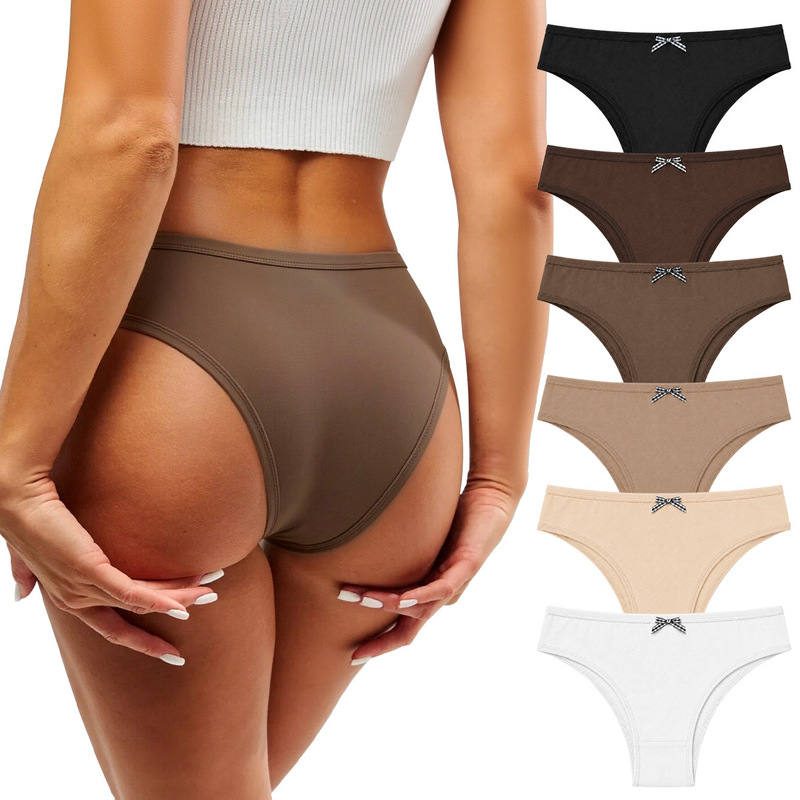 Cross-border supply of low-waist half-hip Brazilian panties for women with bow, solid color, cotton, breathable underwear, supports mixed batch OEM