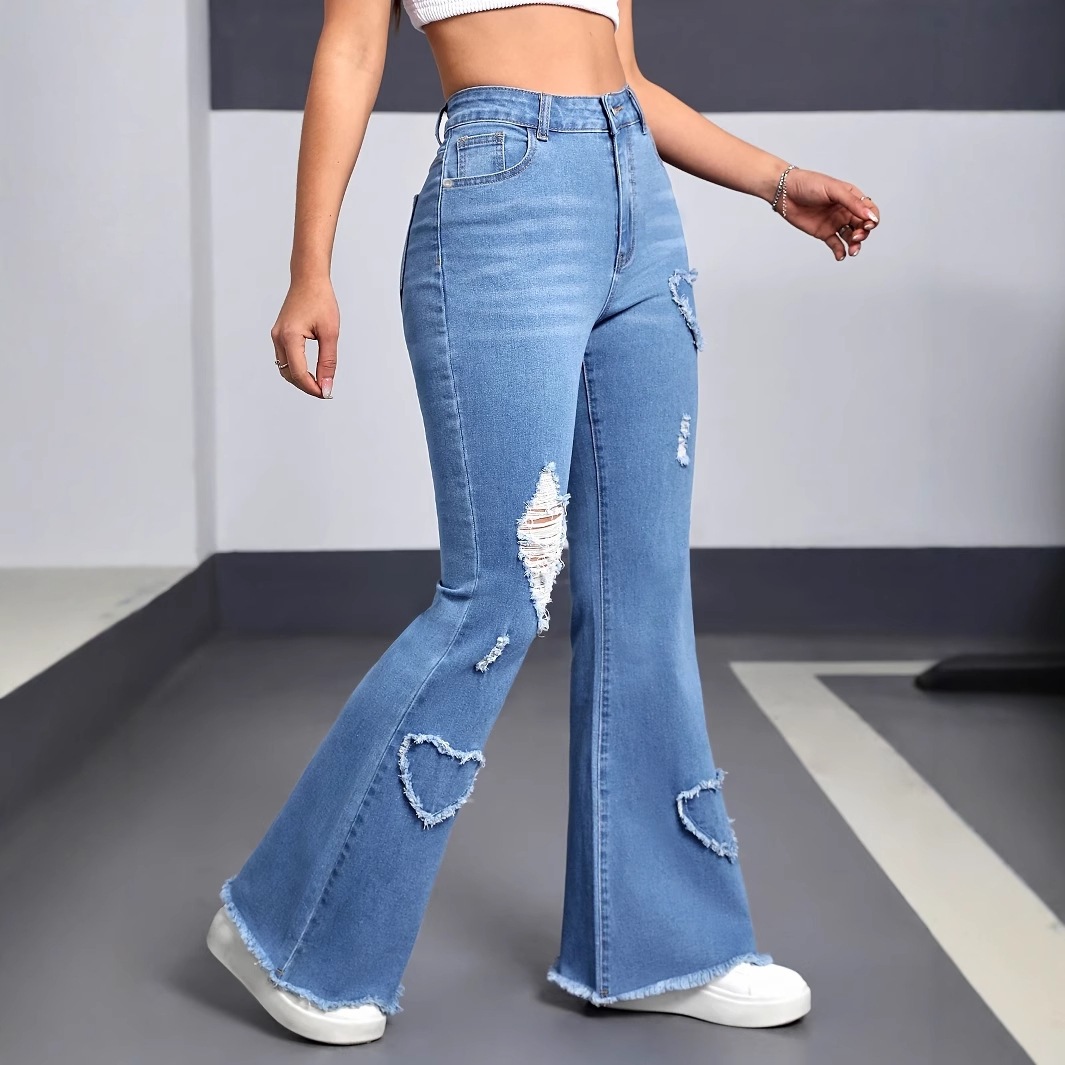 Women's Stretchy Flared Jeans With Heart Embroidery & Distressed Details - High Waist Bell Bottom Pants In Light Blue_mkmklike.com