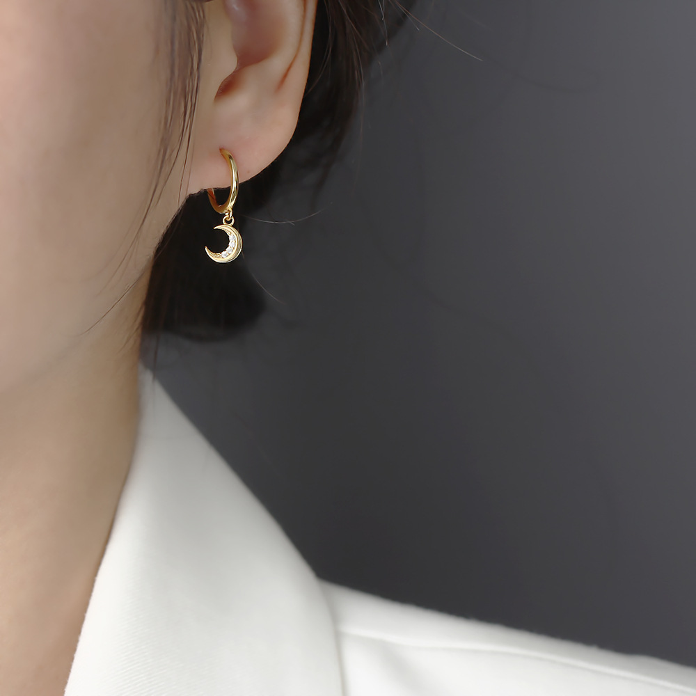 925 Sterling Silver Ear Needle Material Silver Rhinestones Moon Earrings