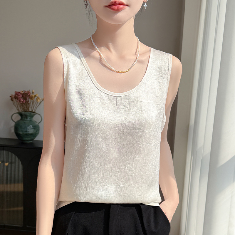 Summer New Style Silky Satin U-Neck Camisole for Women, Solid Color Loose Sleeveless Pleated Pullover Top Wholesale Dropshipping