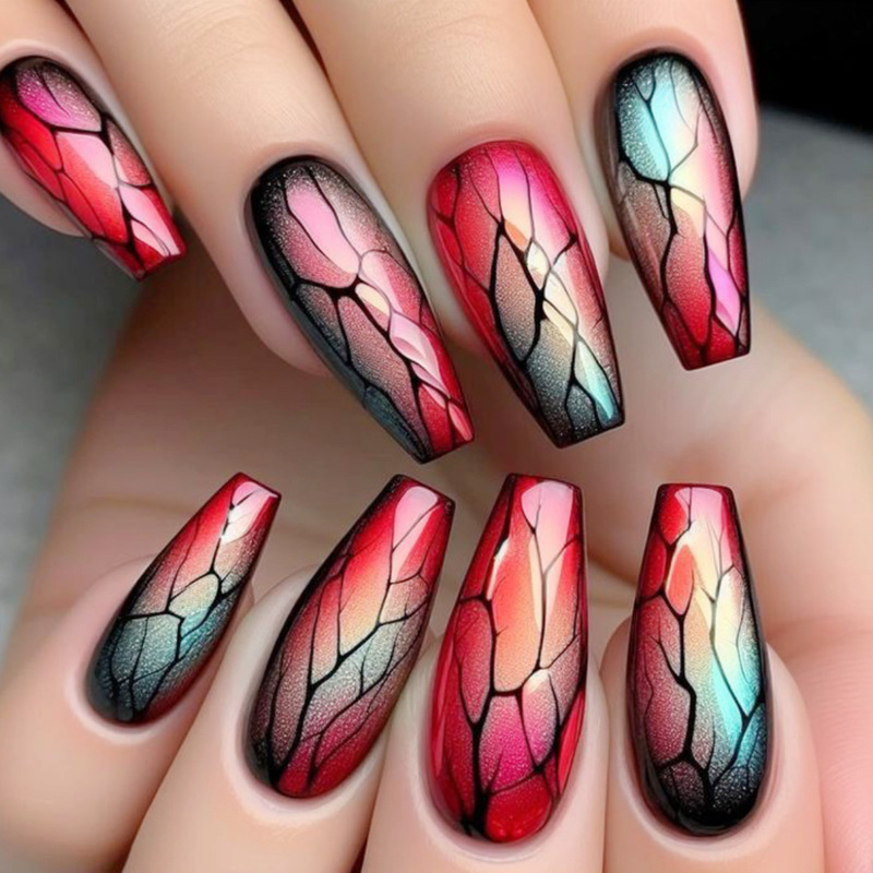 Wearable Medium-Length Ballet Nails Red Black Green Gradient Crack Press Removable Fake Nails Manicure Nails