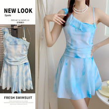 蓝系新款游泳衣女连体平角保守显瘦遮肚温泉小清新少女学生泳装女