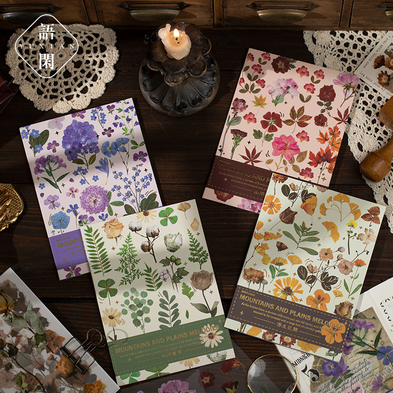 Yuxian shanye melodía pet sticker book retro estilo flor simulación material diario marcador decoración base collage