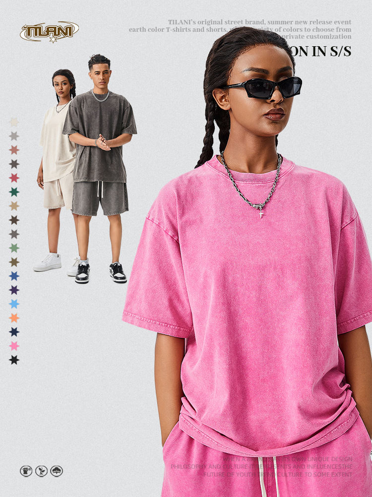 TILANI Summer Youth Trendy Brand Camiseta de manga corta para hombre Camiseta de manga corta de algodón lavado retro pesado para hombre