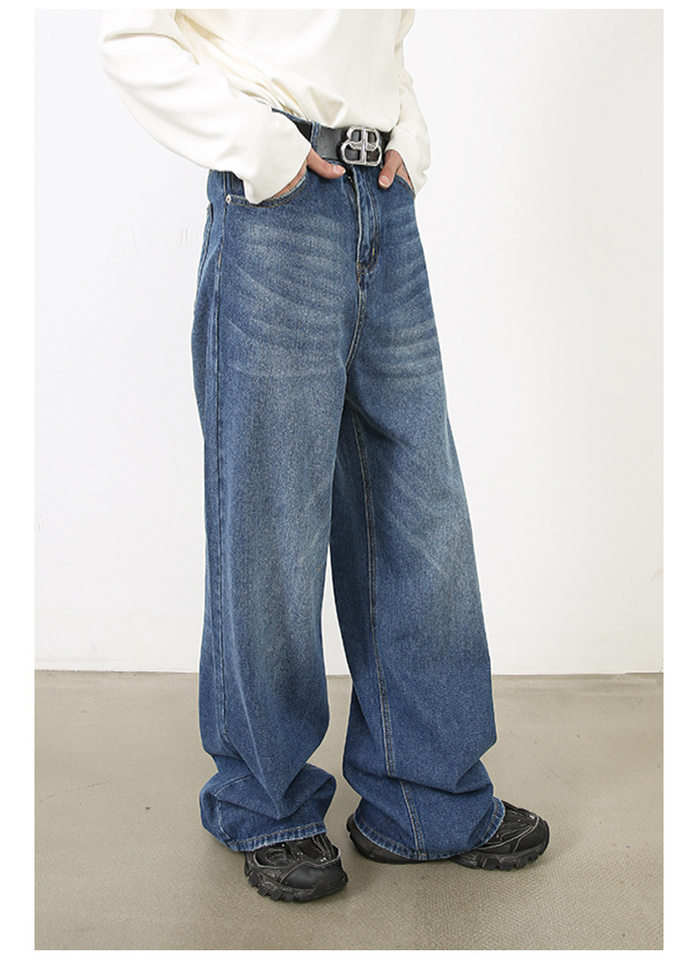 Quần jean nam ống rộng cạp vừa phong cách Hàn, denim cotton pha, form suông thoải mái — Màu đen, Xanh lam cổ điển, Xanh lam nhạt, Xanh lam đậm chi tiết 13
