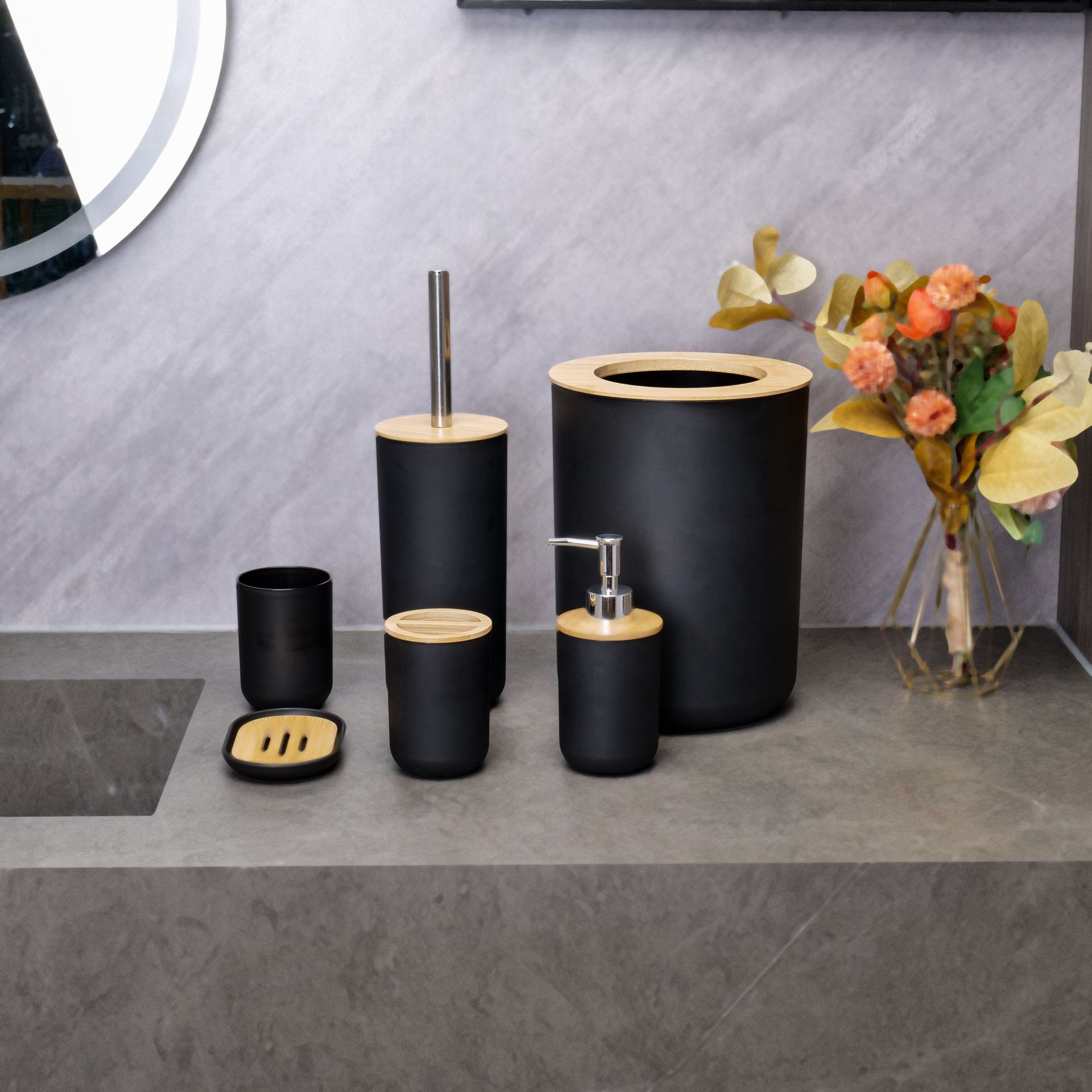 YUFEI Baño transfronterizo lavado de bambú y madera juego de seis piezas bomba de loción cepillo de dientes taza caja de jabón estilo nórdico traje simple