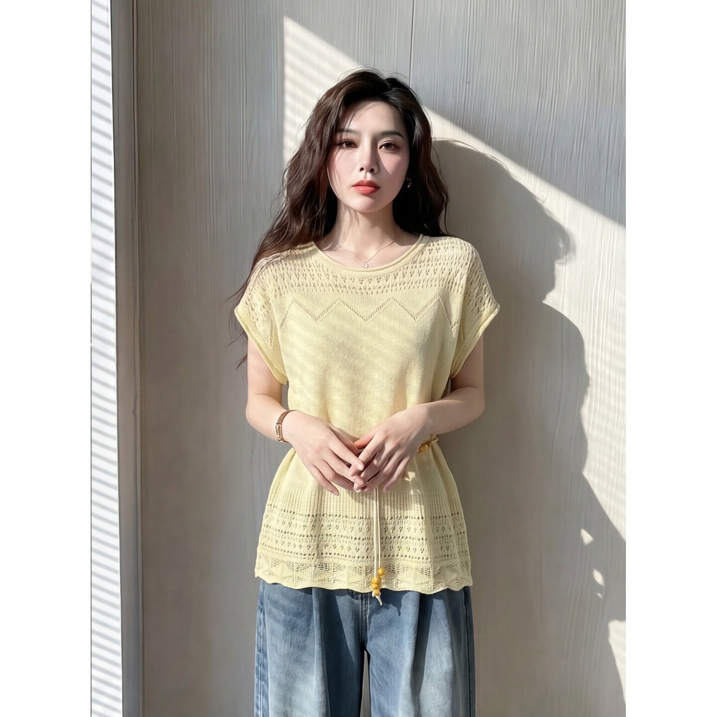 Áo thun nữ cổ tròn tay ngắn ren hở vai phong cách Pháp — xanh lam chi tiết 2