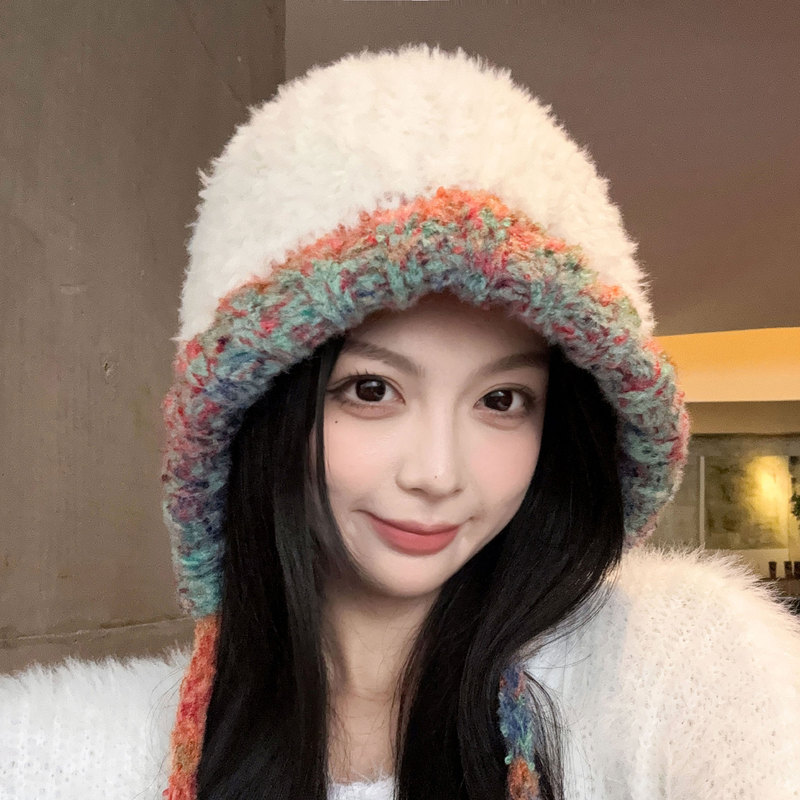 秋冬季毛绒会叫小羊角保暖包头加绒护耳毛线帽女百搭防寒针织帽子|undefined