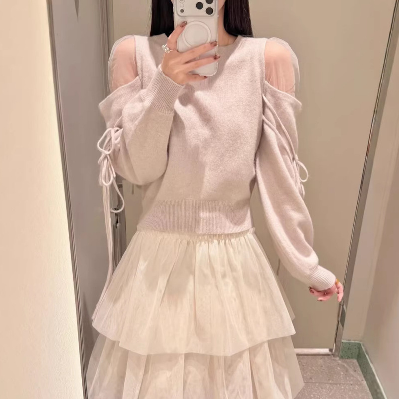 【Daisan】2026 Spring and Autumn New Japanese Style Cross-Border Solid Color Sweet Round Neck Off-Shoulder Lace Patchwork Tie Knit Sweater 【Daisan】2026 Spring and Autumn New Japanese Style Cross-Border Solid Color Sweet Round Neck Off-Shoulder Lace Patchwork Tie Knit Sweater