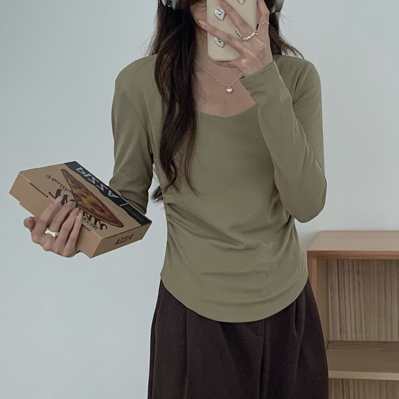 小众卡腰褶皱t恤女低领漏锁骨打底衫春秋大领口纯欲百搭长袖上衣|undefined