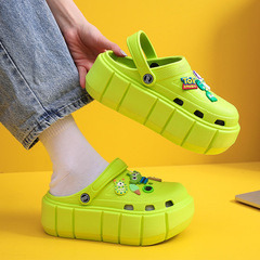 Women's High Heel Thick Sole Hole-in-one Shoes Korean Version Squeezy Feeling Open-toe Sandals Outerwear Beach Vlogger Height Increasing Rounded Toe Pudding Shoes