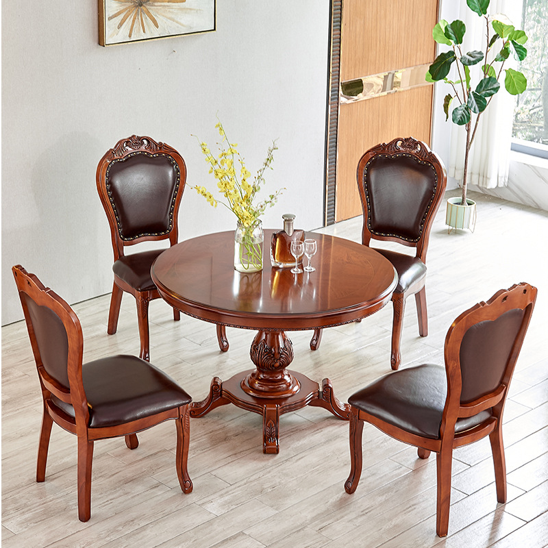 欧式圆形餐桌椅组合实木小户型饭桌美式洽谈接待客厅阳台一桌四椅