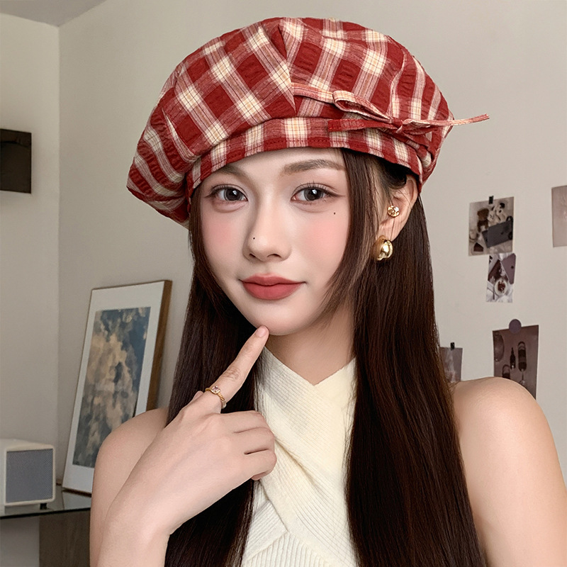 早秋薄款日系复古格子八角帽时尚贝雷帽子女透气显脸小文艺报童帽|undefined