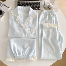 跨境热销睡衣女夏天新款云朵棉春秋薄款开衫纯色花边家居服套装