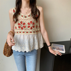 Embroidered lace knit short-sleeve spaghetti strap backless top for women, bohemian ethnic style sleeveless top, new design