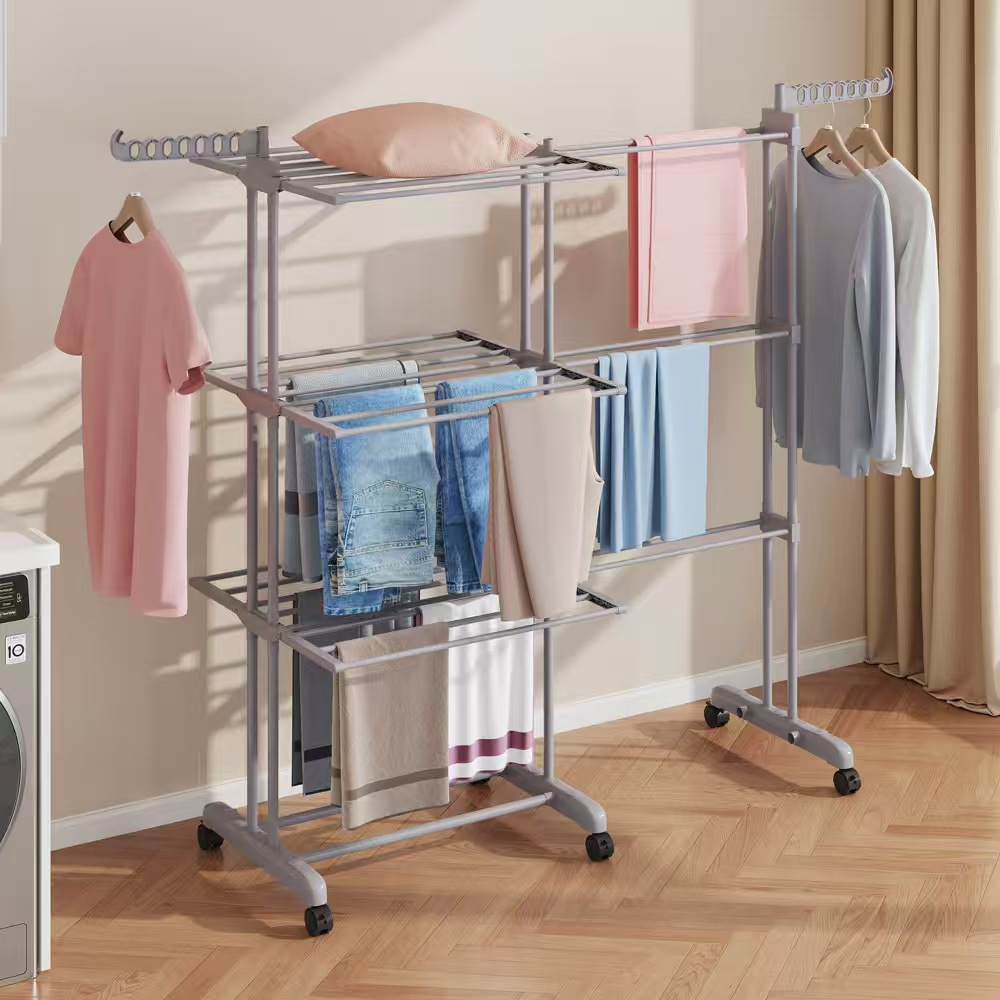 Rack de secado de ropa plegable móvil de piso de tres capas Rack de toallas Rack de acabado Rack de secado de ropa de balcón Rack de almacenamiento de tres capas