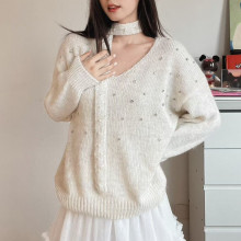 韩系温柔白色V领钉珠毛衣女秋冬新款慵懒宽松高级设计感亮片上衣