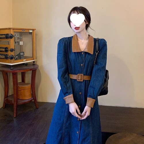 Gentle autumn tie and waist pinching dress, large size fat mm, slimming waist waist, long-sleeved shirt, denim skirt, medium and long length