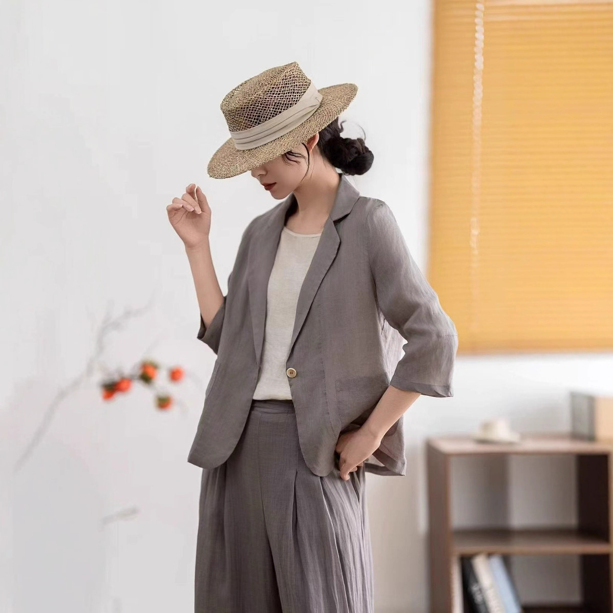 Ramie Blazer 2025 Simple Korean Style Suit Collar One-Button Light and Versatile Loose Three-Quarter Sleeve Top for Women