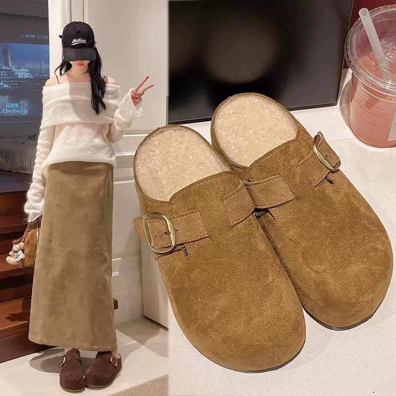 2025软木包头半拖鞋女鞋新款外穿懒人秋冬厚底女鞋一脚蹬博肯显瘦