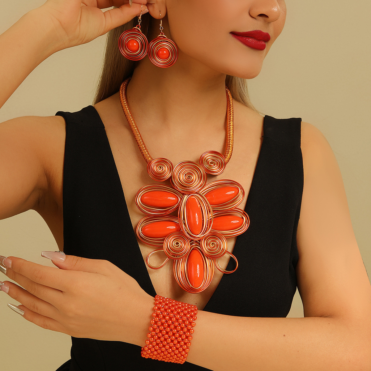 Exaggerated Handmade Aluminum Wire Woven Dragonfly Pendant Necklace Set_voghion.com