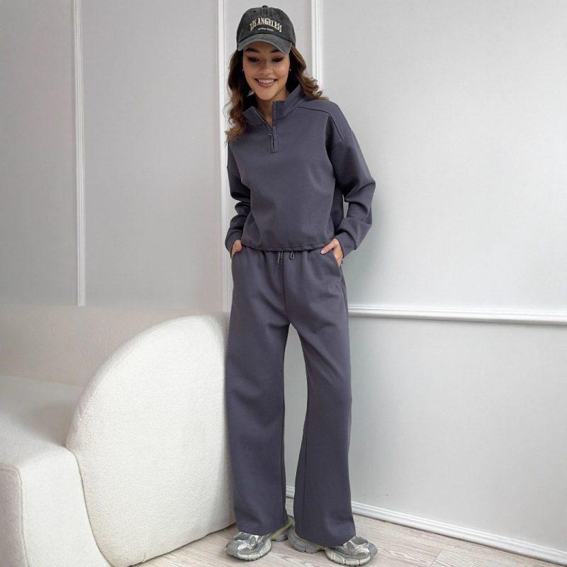 时尚半开领长袖卫衣长裤休闲套装oversize套头衫抽绳卫裤两件套女|undefined