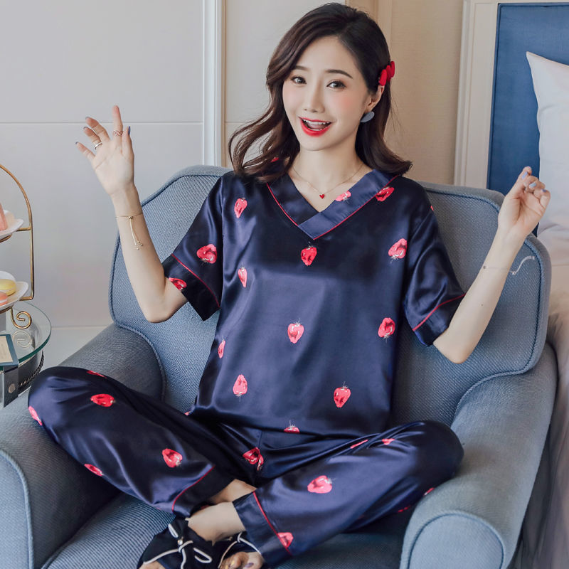 Pijama de seda de hielo para mujeres primavera y otoño corto y largo delgado dulce estilo coreano ropa de seda real dos piezas conjunto