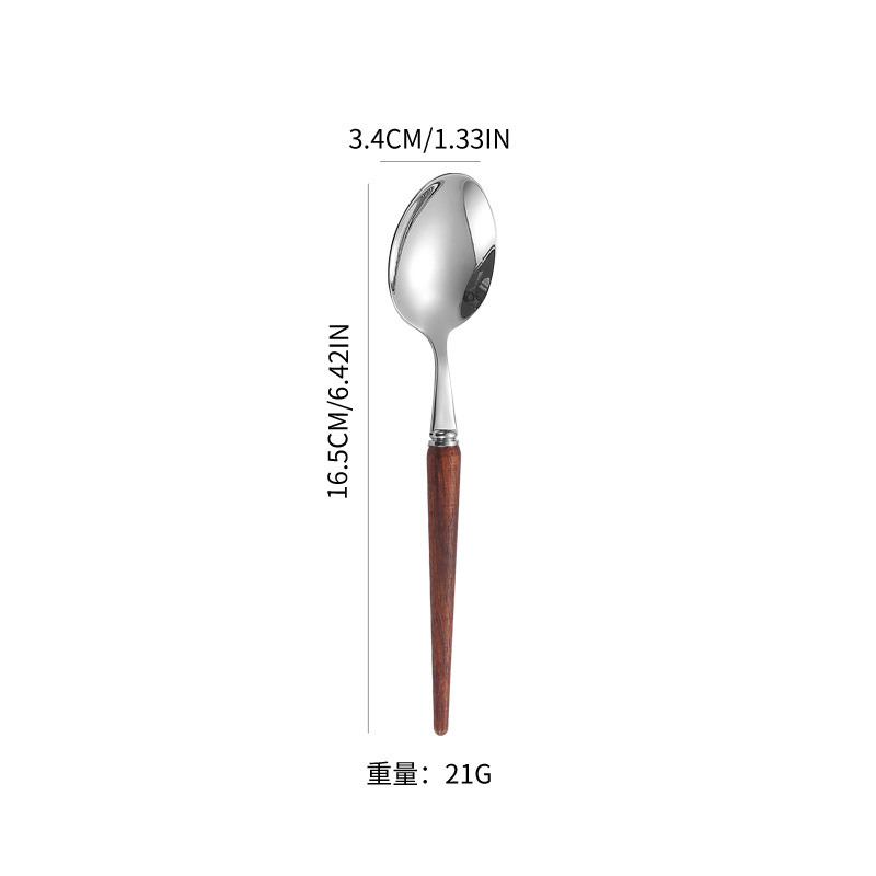 304 mango de madera de acero inoxidable cuchillo y tenedor portugués cuchara de postre cuchara de postre tenedor de cubierta de comida occidental cuchillo y tenedor de filete set cuchara