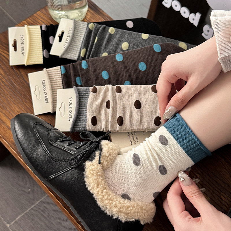 Polka Dot Socks for Women, Spring and Autumn Color-Block Mid-Calf Socks, Japanese and Korean Style Ins Slouch Socks with Slightly Curled Edges, Long Cotton Socks