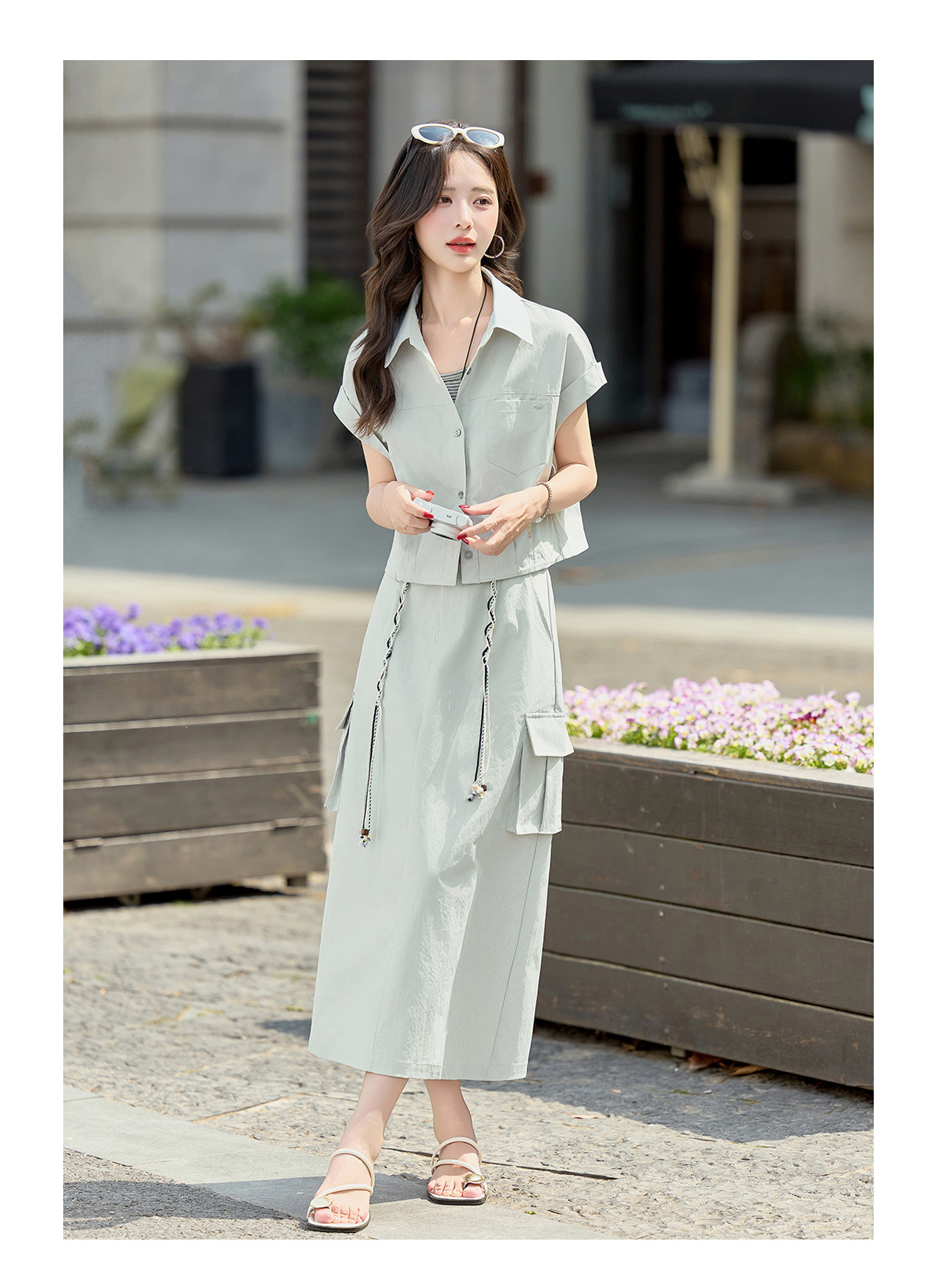 Bộ ba món sơ mi + áo lót + chân váy nữ MJ2618 — màu xanh nhạt, màu xám nhạt chi tiết 20