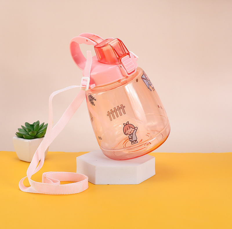 Gran capacidad de plástico de calidad alimentaria taza de agua portátil paja dibujos animados gran vientre taza con mango tapa elástica hervidor de agua para niños