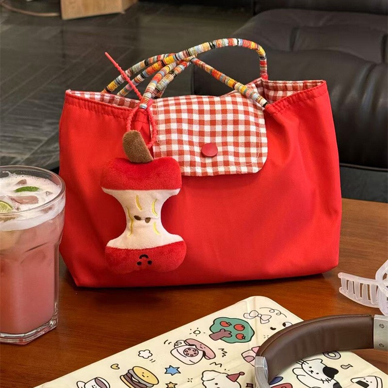 New Korean Style Large-Capacity Red One-Shoulder Portable Plaid Canvas Bag Versatile Student Commuting Casual Tote Bag for Women