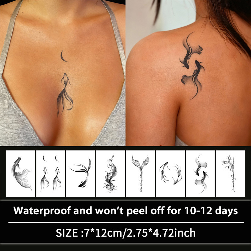 Temu's Popular Ink-Style Koi Herbal Tattoo Stickers, Long-Lasting Waterproof Goldfish Tail Fake Tattoos for Girls, Suitable for Arms and Legs