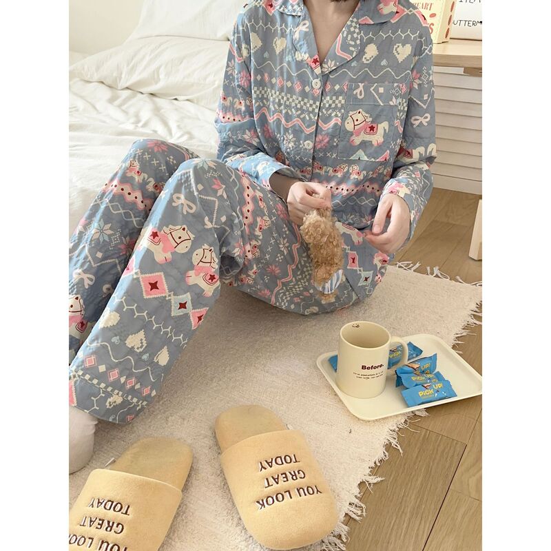 Bubble Wrinkle Pajamas for Women, Spring and Autumn Long-Sleeved Suits, Korean Style Cartoon Foreign Trade Cross-Border Home Clothes, Cute Outerwear Bubble Wrinkle Pajamas for Women, Spring and Autumn Long-Sleeved Suits, Korean Style Cartoon Foreign Trade Cross-Border Home Clothes, Cute Outerwear