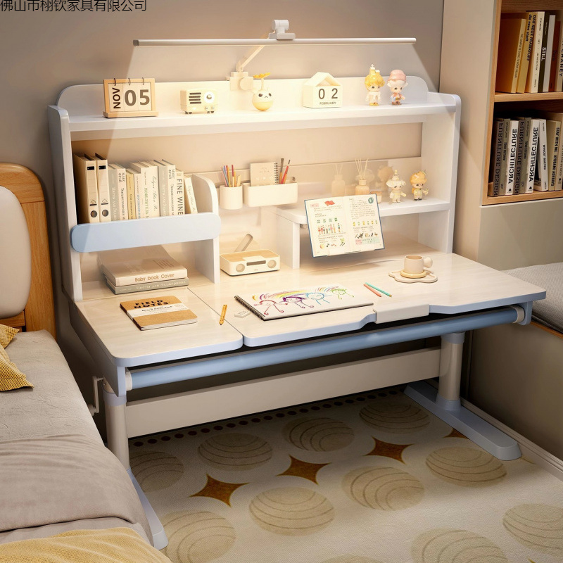 Children's Study Table, Primary School Student Writing Desk, Solid Wood Lifting Bookshelf Table, Home Homework Desk and Chair Set