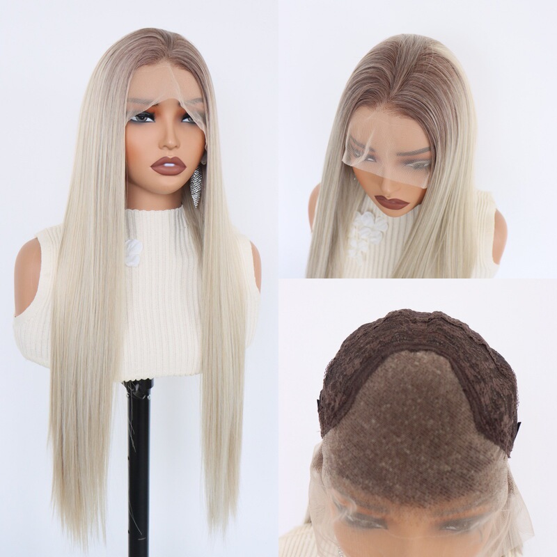 Qingdao Wig Foreign Trade Wig for Women, Lace Hand-Crocheted Gray and Gold Gradient Long Straight Hair, Naturally Fluffy Colored Cosplay Wig