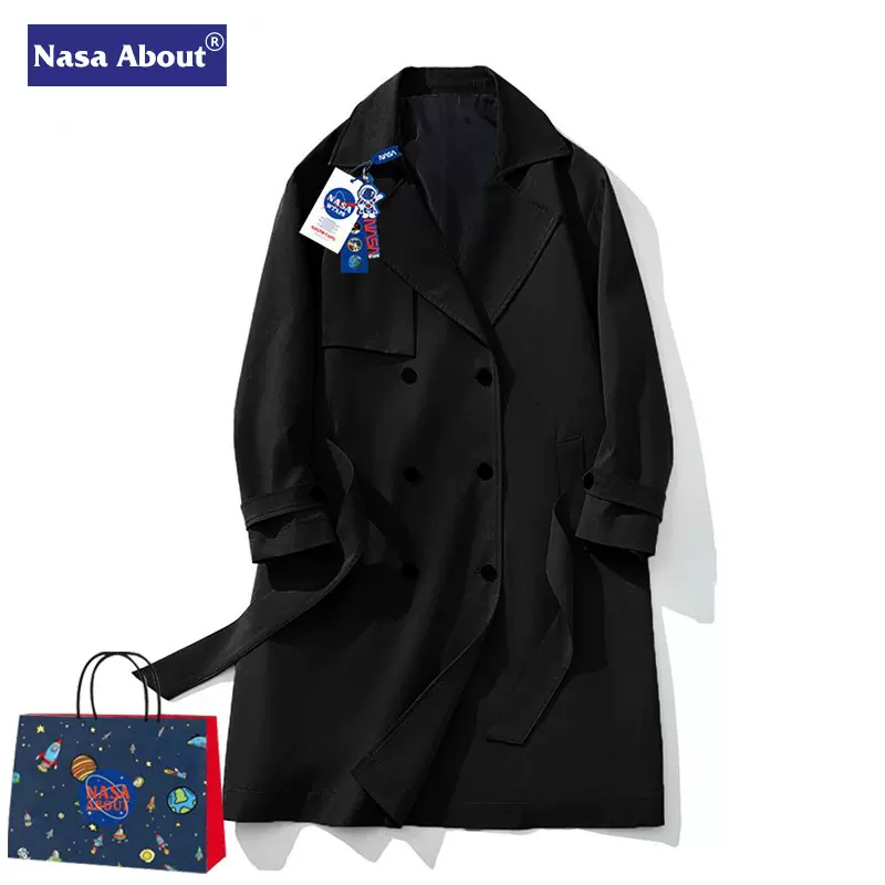 NASA联名款风衣男士中长款春秋季ins潮情侣复古过膝大衣外套帅气