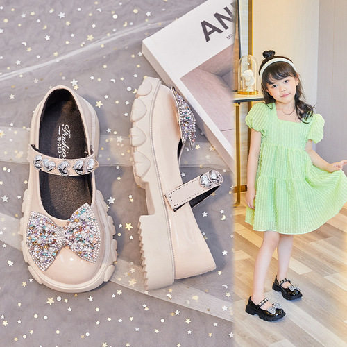 New Spring and Autumn Girls Leather Shoes Princess Shoes Kindergarten Dress Lace Pearl Bow Baby Performance Shoes
