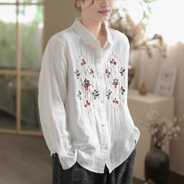 White long-sleeve for leisure, cardigan, shirt, oversize, with embroidery