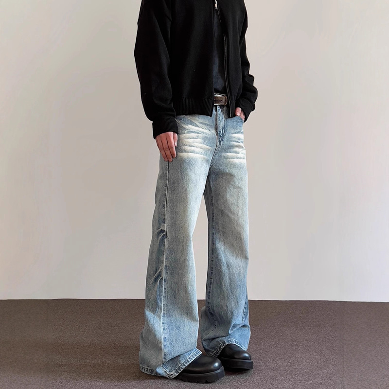 American High Street Vibe Whiskered Washed Distressed Jeans Spring and Autum Trendy Cleanfit Straight-Leg Long Pants