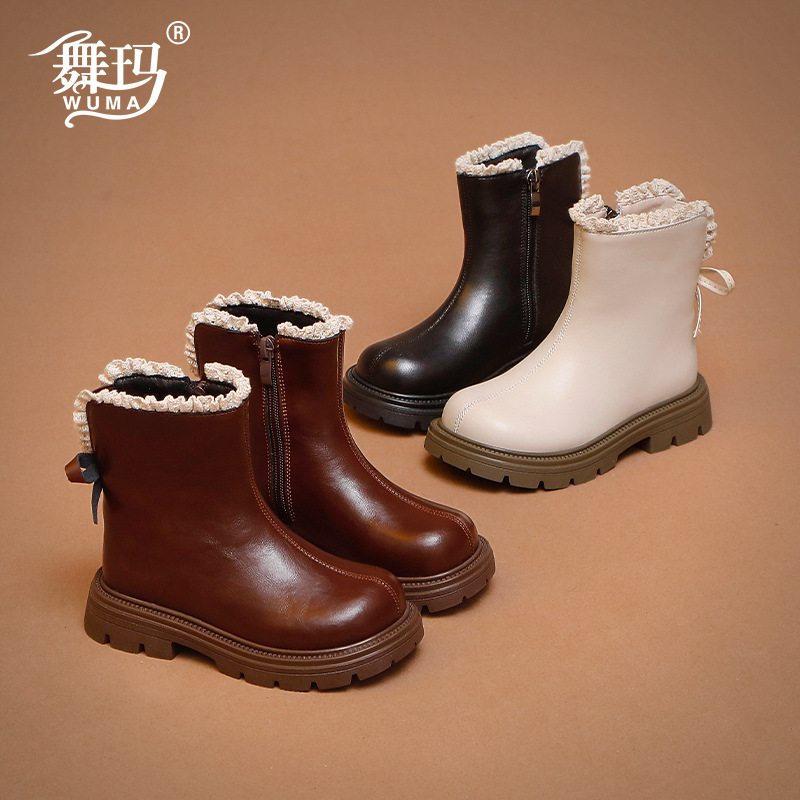 Girls' Boots Children's Leather Boots 2025 New Winter Little Girls' Plush British Style Mid-Calf Martin Boots