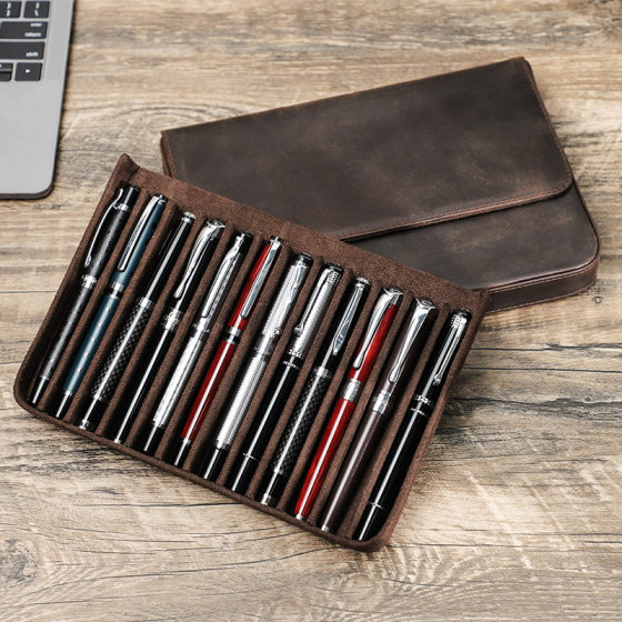Crazy Horse Leather Pencil Case 12 Pack Handmade Magnetic Drawer Student Office Pen Storage Box in stock Wholesale