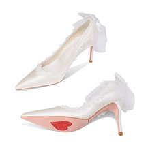 白色新娘鞋2021絲綢尖頭細高跟時裝淺口單鞋仙女時尚婚鞋禮服宴會