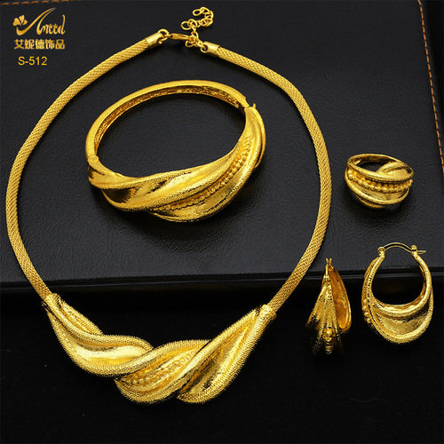 Dubai 24k gold-plated bridal jewelry set necklace earrings bracelet ring four-piece set wholesale